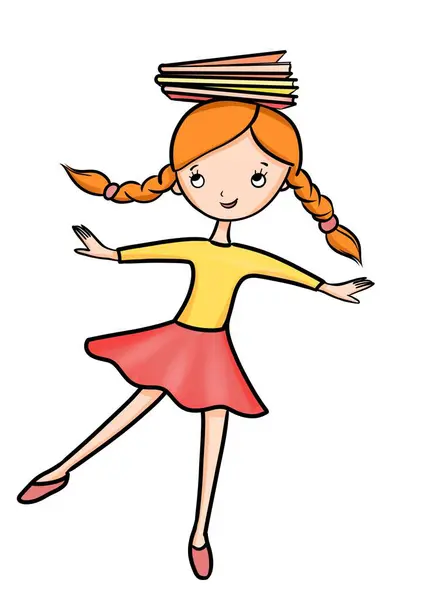 Kafasında kitaplarla dengede duran küçük tatlı bir kız, çizgi film çizimi.