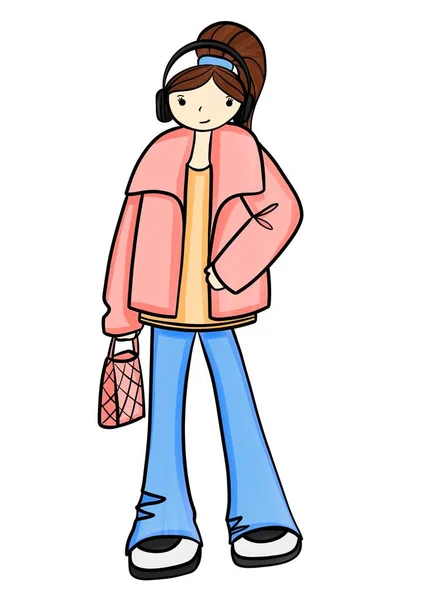 Meisje Winter Roze Kleren Met Koptelefoon Tas Cartoon Illustratie — Stockfoto
