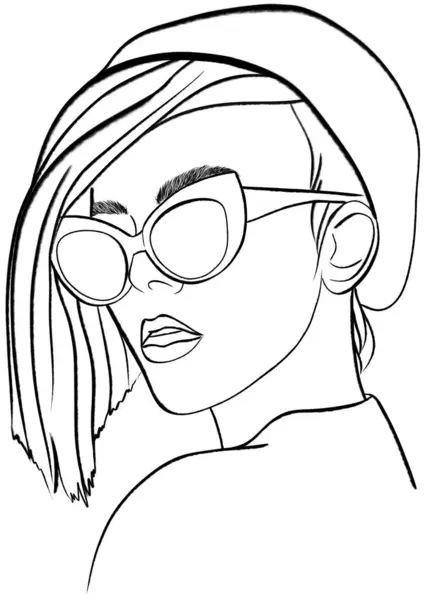 Girl Sunglasses Beret Outline Illustration — Stock Photo, Image