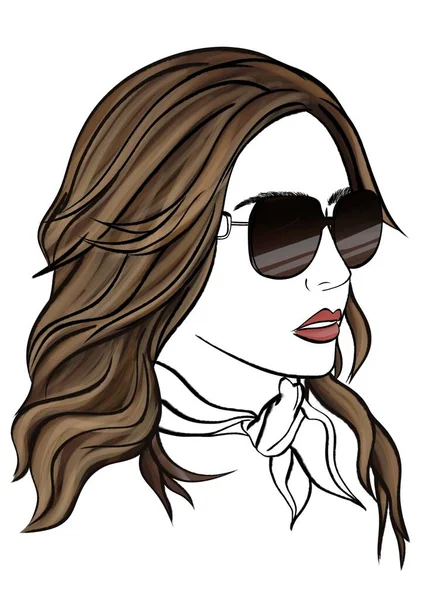 Bela Mulher Com Cabelos Castanhos Longos Óculos Sol Ilustração Retrato — Fotografia de Stock