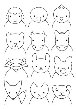 Hayvanlar seti, karalama seti sevimli hayvan çizimleri. Hayvanların vektör çizgisi çizgileri