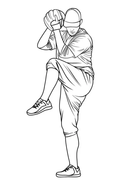 atıcı, beyzbol oyuncusu top atıyor, vektör çizgisi çizimi. Tasarım ögesi, boyama kitabı sayfası