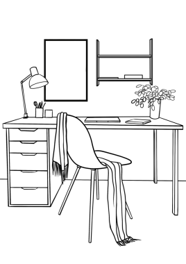 İş yeri, masa ve ofis koltuğu, iç mekan eskizi