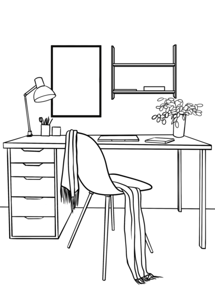 İş yeri, masa ve ofis koltuğu, iç mekan eskizi