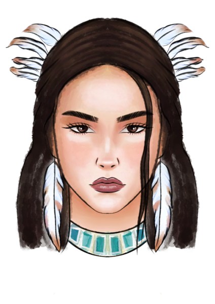 Tüylü Amerikan yerlisi kadın suluboya portresi