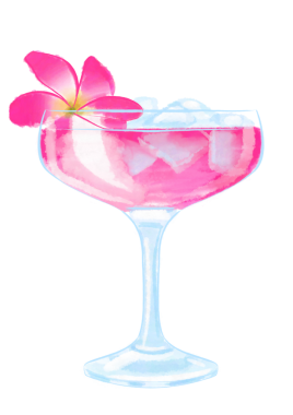 Çiçekli bir elle süslenmiş pembe kokteyl suluboya çizimi.