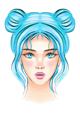 Mavi kalçalı kız saç stili, genç bir elin portresi suluboya çizimi.