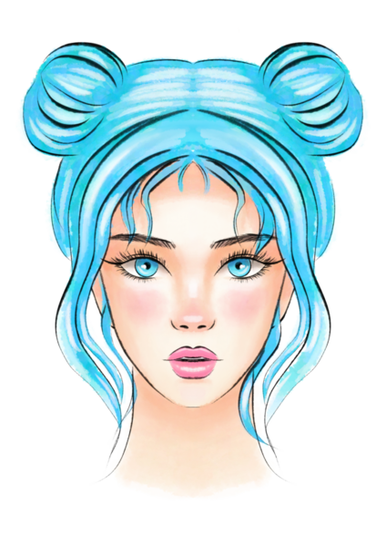 Mavi kalçalı kız saç stili, genç bir elin portresi suluboya çizimi.