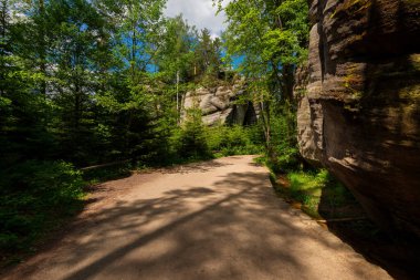 Çek Cumhuriyeti 'nin Polonya sınırı yakınlarındaki Adrspach Teplice kayalık kentinde kaya oluşumlarının izleri