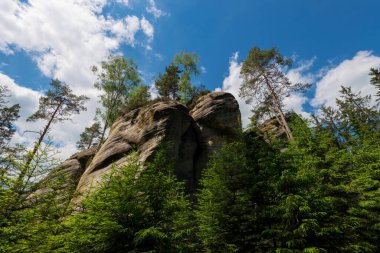 Çek Cumhuriyeti 'nde Adrspach Teplice rock şehrindeki kaya oluşumları Polonya sınır kurbağası perspektifi yakınlarında