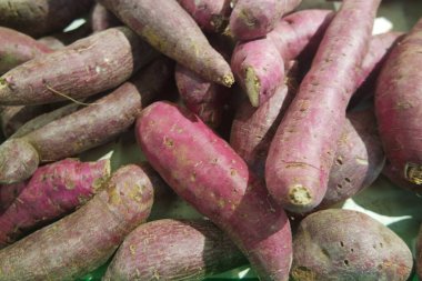 Marketteki Taze Tatlı Patatesler 'in yakın çekimi. Tarla tarlalarındaki patatesleri hasat et. Sağlıklı olmak için sebze. Arka plan olarak Ubi Merah dokusunun Macro 'su