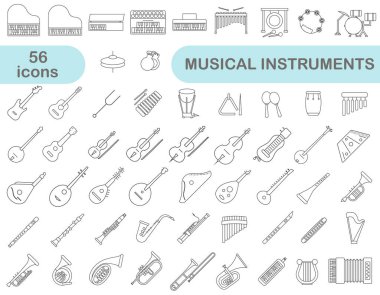 İnce çizgi dizaynında basit müzik aletleri seti. Çeşitli müzik aletlerinin görüntüleri. EPS 10.