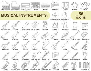 Simple set of musical instruments in thin line design. Images of various musical instruments with titles. EPS 10. clipart