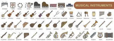 Renkli müzik aletlerinin basit bir seti. Başlıklı çeşitli müzik aletlerinin görüntüleri. EPS 10.