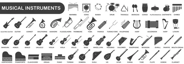 Basit, içi boş bir müzik aleti seti. Başlıklı çeşitli müzik aletlerinin resimleri.