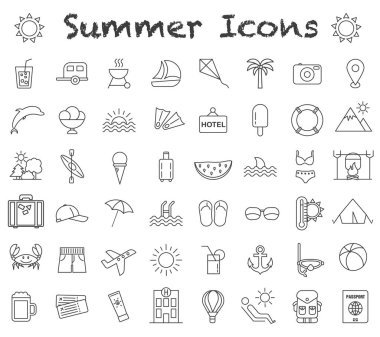 Yaz ikonu. Siyah ince çizgi. Turizm sembolü. Vektör çizimi. EPS 10.