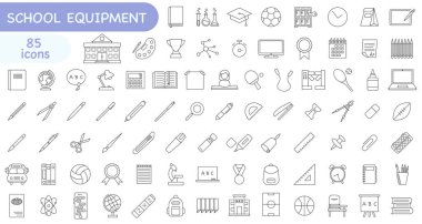 Okulun ince çizgi simgelerinin toplanması. Okul eğitimi. EPS 10.