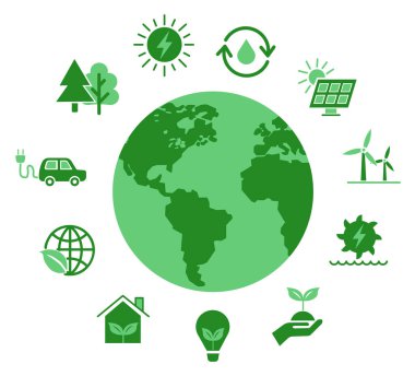 Yenilenebilir enerji ile ilgili yeşil düz simge seti. Enerji kaynakları. Vektör simgeleri.