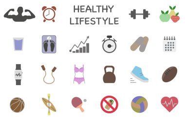 Sebzeler ve meyveler sağlıklı bir yaşam için hazırlandı. Spor ve egzersizin yanı sıra. Vektör illüstrasyonu.