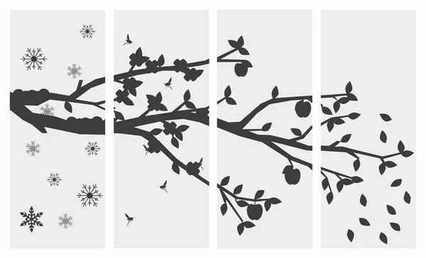 一年中四个季节的黑白合影 在春季 秋季和冬季的病媒图解中 每年有4次树 Eps — 图库矢量图片