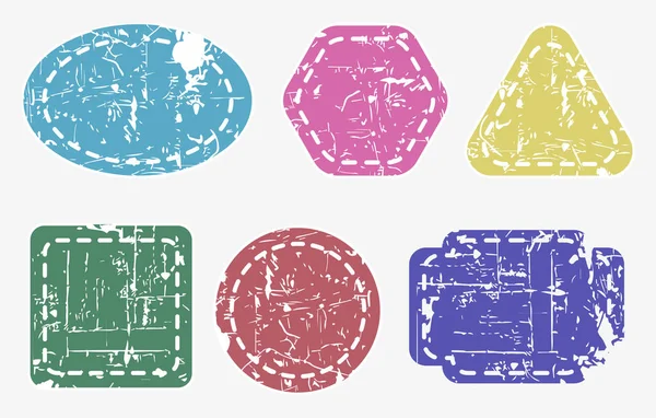 Illustrazione Vettoriale Distintivi Multicolori Invecchiati Diverse Forme Utilizzato Sfondo — Vettoriale Stock