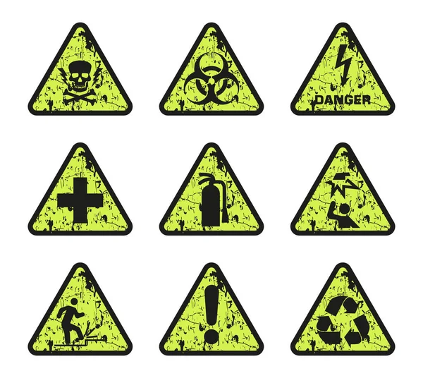 Warnzeichen Vektor Symbol Set Von Gealterten Dreieckigen Leuchtend Gelben Warnschildern — Stockvektor