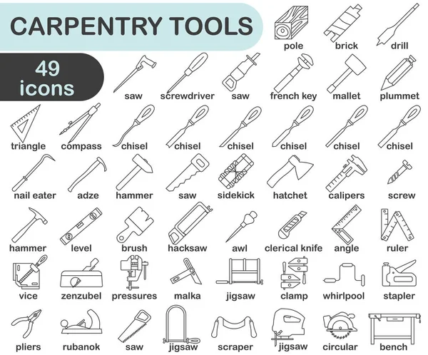 stock vector Carpentry tool icon collection. Carpentry tool thin line with title. Vector illustration. EPS 10.