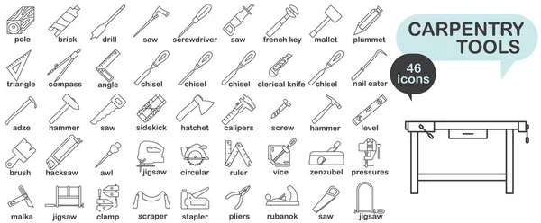 stock vector Carpentry tool icon collection. Carpentry tool thin line with title. Vector illustration. EPS 10.