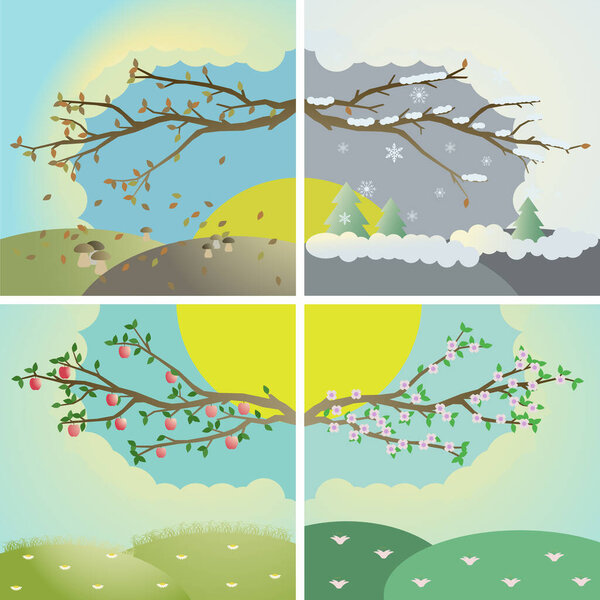 Four seasons of the year. Bright color drawings of the four periods of the year. Vector illustration.