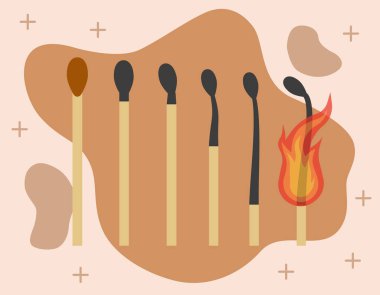 Yanan kibritin animasyonu. Yanan kibritlerin aşamaları. Yanmış kibrit. Yanan kibritin vektör çizimi. EPS 10.