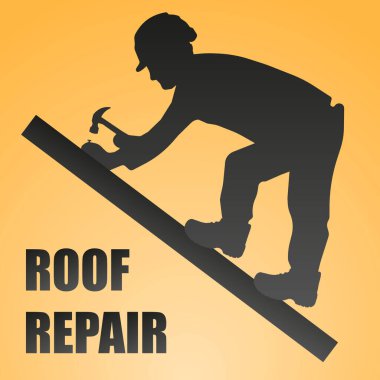 Roofer. Çatı ustası çatıda çalışıyor. Çatı tamircisi. Bir evi tamir eder, bir yapı inşa eder. Vektör çizimi. EPS 10.