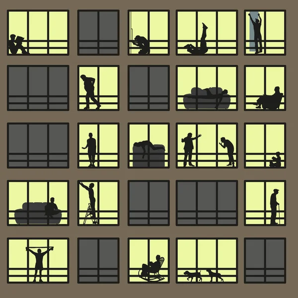 City Window Night Vector Illustration Apartment Buildings Windows Different Life — Stock Vector