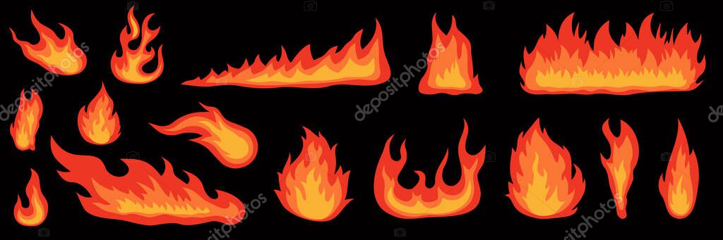 Collection of hot flame elements on black background. Burning flame set. Isolated vector illustration. EPS 10.