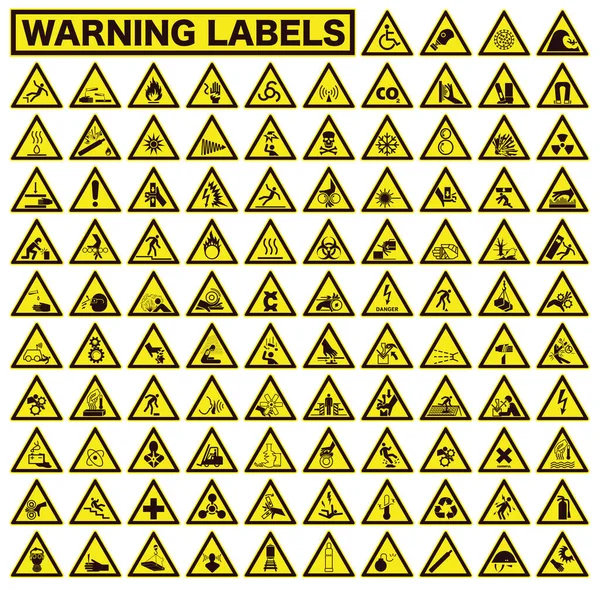 Сборник Предупреждающих Знаков Безопасности Набор Знаков Безопасности Предосторожности Треугольные Жёлтые — стоковый вектор