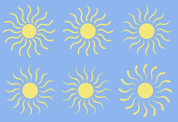 サンアイコンベクトルシンボルセット 白い背景で隔離された平らな黄色い太陽の漫画の形 — ストックベクタ