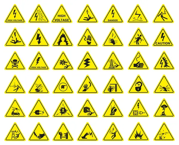 Високовольтний Знак Трикутні Жовті Електричні Знаки Небезпеки Векторні Ілюстрації — стоковий вектор