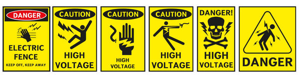 High voltage sign. Rectangular yellow electrical hazard signs. Vector illustration.