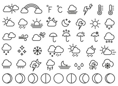 Doğrusal hava ikonları kümesi. Hava tahmini. Hava durumu. Vektör çizimi. EPS 10.