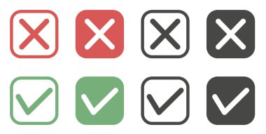 Bir karede bir dizi düz kene ve haç. Kare işaretler ve farklı kalınlıkta çizgiler, yeşil ve kırmızı. Vektör grafikleri.