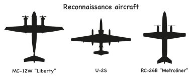 Bir Amerikan askeri keşif uçağı seti. Koyu renk siluetler. Vektör grafikleri. ESP 10.