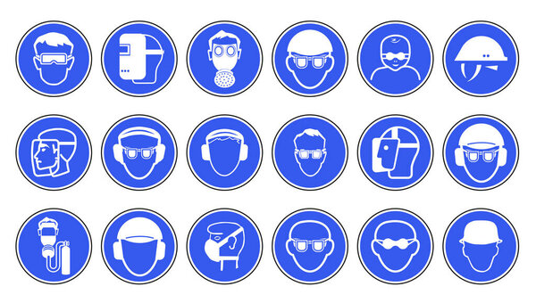 Mandatory signs in production. Used for industrial purposes for head protection. Vector graphics.
