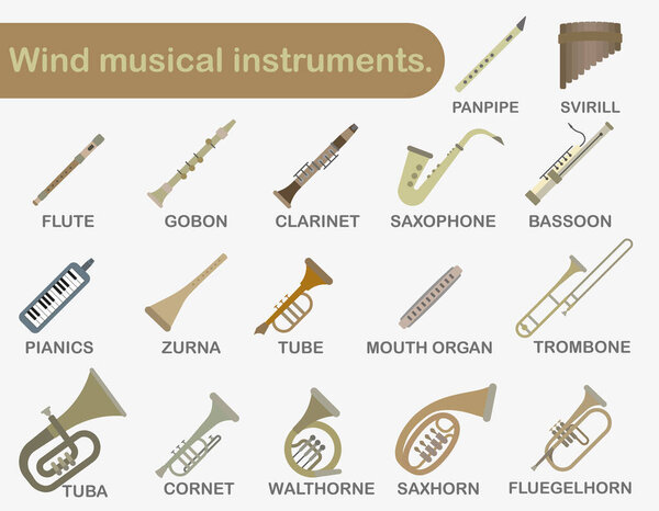 A set of wind musical instruments. Colored wind musical instruments with the title.