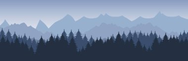 Doğa manzarası. Sis ve ormanlı, güzel, koyu mavi bir dağ manzarasının arkaplan çizimi. EPS 10.