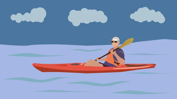 Vector Illustration Athlete Cartoon Flat Man Kayaking Sea Waves — Stock Vector