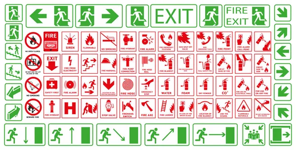 Signes Évacuation Pendant Incendie Panneaux Protection Incendie Des Panneaux Rouges — Image vectorielle