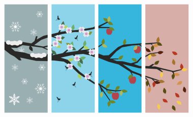 Yılın dört mevsimine paralel elma ağacı dalı. Vektör illüstrasyonunda yılın mevsimleri. ESP 10.