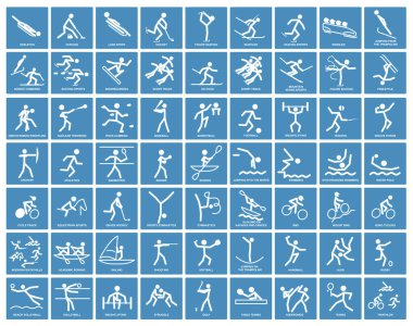 Altyazılı olimpiyat sporları. Beyazlı, mavi kareli spor simgeleri. Olimpik spor ikonları. EPS 10.