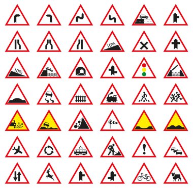 Yol tabelası. Yoldaki çeşitli durumlarla ilgili bir uyarı. Yol uyarı işareti. EPS 10.