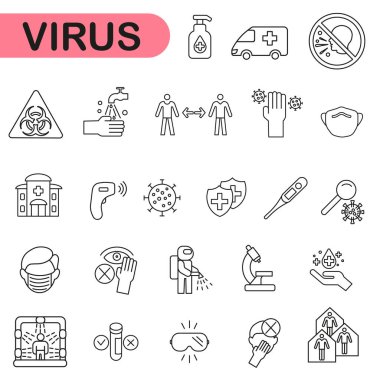Virüs ve tedavisi ile ilgili ikonlar. Virüsün yayılmasını önlüyor. Virüs ve tedavisi. EPS 10.
