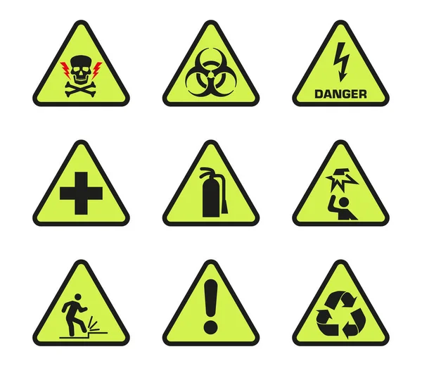Señal Advertencia Signo Vector Conjunto Señales Advertencia Amarillas Triangulares Ilustración — Vector de stock